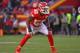 KANSAS CITY, MO - DECEMBER 10: Inside linebacker Derrick Johnson #56 of the Kansas City Chiefs gets set on defense against the Oakland Raiders during the second half at Arrowhead Stadium on December 10, 2017 in Kansas City, Missouri. (Photo by Peter G. Aiken/Getty Images)