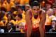 HOUSTON, TX - MAY 4: Donovan Mitchell #45 of the Utah Jazz looks on during the game against the Houston Rockets during Game Three of the Western Conference Semifinals of the 2018 NBA Playoffs on May 4, 2018 at the Vivint Smart Home Arena Salt Lake City, Utah. NOTE TO USER: User expressly acknowledges and agrees that, by downloading and or using this photograph, User is consenting to the terms and conditions of the Getty Images License Agreement. Mandatory Copyright Notice: Copyright 2018 NBAE (Photo by Andrew D. Bernstein/NBAE via Getty Images)