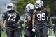 Oakland Raiders' Maurice Hurst (73) P.J. Hall, and Arden Key (99) wait to perform a drill during NFL football practice on Friday, May 4, 2018, at the team's training facility in Alameda, Calif. (AP Photo/Ben Margot)