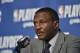 CLEVELAND, OH - MAY 5: Head Coach Dwane Casey of the Toronto Raptors talks with the media following Game Three of the Eastern Conference Semi Finals of the 2018 NBA Playoffs against the Cleveland Cavaliers on May 5, 2018 at Quicken Loans Arena in Cleveland, Ohio. NOTE TO USER: User expressly acknowledges and agrees that, by downloading and/or using this Photograph, user is consenting to the terms and conditions of the Getty Images License Agreement. Mandatory Copyright Notice: Copyright 2018 NBAE (Photo by David Liam Kyle/NBAE via Getty Images)