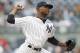 New York Yankees starting pitcher Domingo German delivers during the first inning of a baseball game against the Cleveland Indians in New York, Sunday, May 6, 2018. (AP Photo/Kathy Willens)