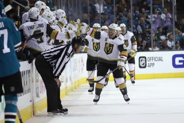 SAN JOSE, CA - MAY 06:  Jonathan Marchessault #81 of the Vegas Golden Knights is congratulated by teammates after he scored a goal against the San Jose Sharks during Game Six of the Western Conference Second Round during the 2018 NHL Stanley Cup Playoffs at SAP Center on May 6, 2018 in San Jose, California.  (Photo by Ezra Shaw/Getty Images)