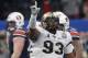 Central Florida defensive lineman Tony Guerad (93) celebrates a play against Auburn during the first half of the Peach Bowl NCAA college football game, Monday, Jan. 1, 2018, in Atlanta. (AP Photo/John Bazemore)