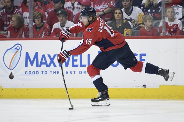 Washington Capitals center Nicklas Backstrom (19), of Sweden, skates with the puck during the first period in Game 2 of an NHL second-round hockey playoff series against the Pittsburgh Penguins, Sunday, April 29, 2018, in Washington. (AP Photo/Nick Wass)