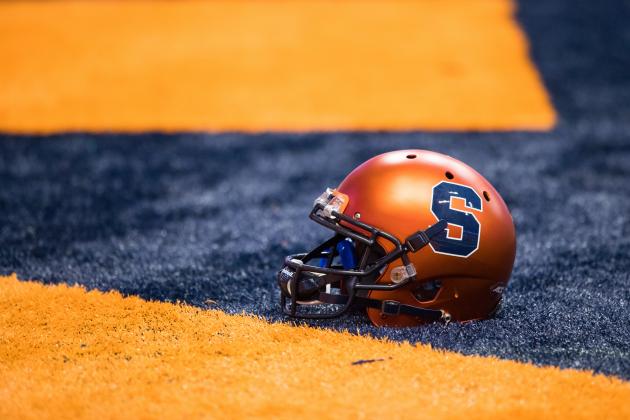 SYRACUSE, NY - SEPTEMBER 09:  A Syracuse Orange football helmet on the field before the game against the Louisville Cardinals on September 9, 2016 at The Carrier Dome in Syracuse, New York.  Louisville defeats Syracuse 62-28. (Photo by Brett Carlsen/Getty Images)