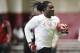 Running back Bo Scarbrough runs drills during Alabama's Pro Day, Wednesday, March 7, 2018, in Tuscaloosa, Ala. The event is to showcase players for the upcoming NFL football draft. (AP Photo/Brynn Anderson)