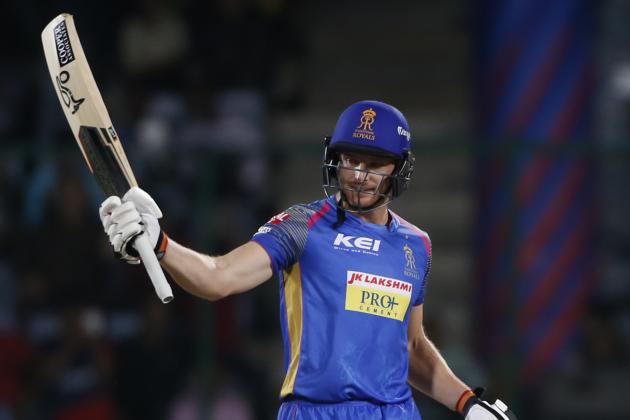 Rajasthan Royals' Jos Buttler raises his bat after scoring a quick fifty during VIVO IPL cricket T20 match against Delhi Daredevils' in New Delhi, India, Wednesday, May 2, 2018. (AP Photo/Altaf Qadri)