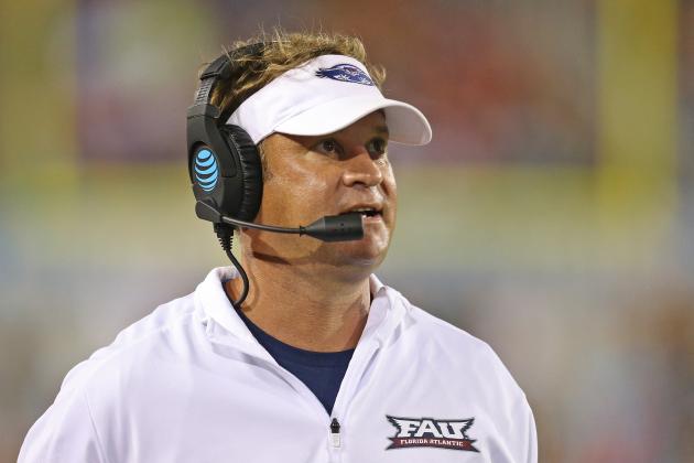 BOCA RATON, FL - SEPTEMBER 16: Head coach Lane Kiffin of the Florida Atlantic Owls talks on his headset during third quarter action against the Bethune Cookman Wildcats on September 16, 2017 at FAU Stadium in Boca Raton, Florida. FAU defeated Bethune Cookman 45-0. (Photo by Joel Auerbach/Getty Images)