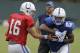 Indianapolis Colts quarterback Scott Tolzien hands off to running back Matt Jones during an NFL football practice, Wednesday, Sept. 6, 2017, in Indianapolis. (AP Photo/Darron Cummings)