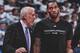 SAN ANTONIO,TX - MARCH 13: Kawhi Leonard #2 of the San Antonio Spurs talks with head coach Gregg Popovic at AT&T Center on March 13, 2017 in San Antonio, Texas. NOTE TO USER: User expressly acknowledges and agrees that , by downloading and or using this photograph, User is consenting to the terms and conditions of the Getty Images License Agreement. (Photo by Ronald Cortes/Getty Images)