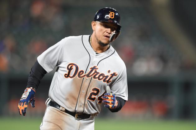 BALTIMORE, MD - APRIL 28:  Miguel Cabrera #24 of the Detroit Tigers round the bases after hitting home run during a baseball game against the Baltimore Orioles at Oriole Park at Camden Yards on April 28, 2018 in Baltimore, Maryland.  The Tigers won 9-5.  (Photo by Mitchell Layton/Getty Images) *** Local Caption *** Miguel Cabrera