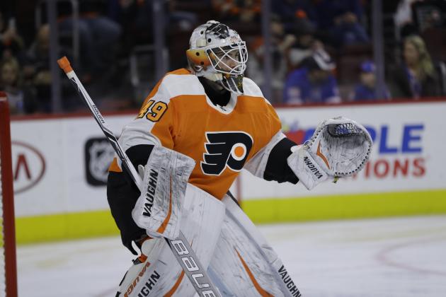 Philadelphia Flyers' Alex Lyon in action during an NHL hockey game against the New York Rangers, Thursday, March 22, 2018, in Philadelphia. (AP Photo/Matt Slocum)
