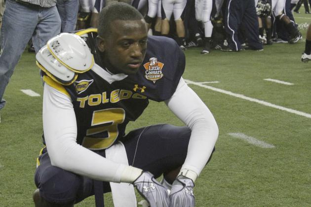 Toledo Rockets cornerback Desmond Marrow (3) reflects on his team's loss to Florida International after the Little Caesars Pizza Bowl NCAA college football game in Detroit, Sunday, Dec. 26, 2010.  (AP Photo/Carlos Osorio)