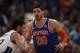 New York Knicks center Enes Kanter (00) in the second half of an NBA basketball game Thursday, Jan. 25, 2018, in Denver. The Nuggets won 130-118. (AP Photo/David Zalubowski)