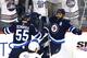 WINNIPEG, MB - MAY 12: Dustin Byfuglien #33 of the Winnipeg Jets is congratulated by his teammate Mark Scheifele #55 after scoring a first period goal against the Vegas Golden Knights in Game One of the Western Conference Finals during the 2018 NHL Stanley Cup Playoffs at Bell MTS Place on May 12, 2018 in Winnipeg, Canada. (Photo by Jason Halstead/Getty Images)