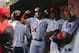 Washington Nationals' Bryce Harper flexes his arms as he waits in the dugout with his teammates for the start of a baseball game against the Pittsburgh Pirates at Nationals Park, Thursday, May 3, 2018, in Washington. (AP Photo/Pablo Martinez Monsivais)