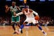 NEW YORK, NY - APRIL 23: (NEW YORK DAILIES OUT) Carmelo Anthony #7 of the New York Knicks in action against Kevin Garnett #5 of the Boston Celtics during Game Two of the Eastern Conference Quarterfinals of the 2013 NBA Playoffs on April 23, 2013 at Madison Square Garden in New York City. The Knicks defeated the Celtics 87-71. NOTE TO USER: User expressly acknowledges and agrees that, by downloading and/or using this Photograph, user is consenting to the terms and conditions of the Getty Images License Agreement. (Photo by Jim McIsaac/Getty Images)
