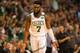 BOSTON, MA - MAY 15: Jaylen Brown #7 of the Boston Celtics gestures after making a basket in the first half against the Cleveland Cavaliers during Game Two of the 2018 NBA Eastern Conference Finals at TD Garden on May 15, 2018 in Boston, Massachusetts. NOTE TO USER: User expressly acknowledges and agrees that, by downloading and or using this photograph, User is consenting to the terms and conditions of the Getty Images License Agreement. (Photo by Maddie Meyer/Getty Images)