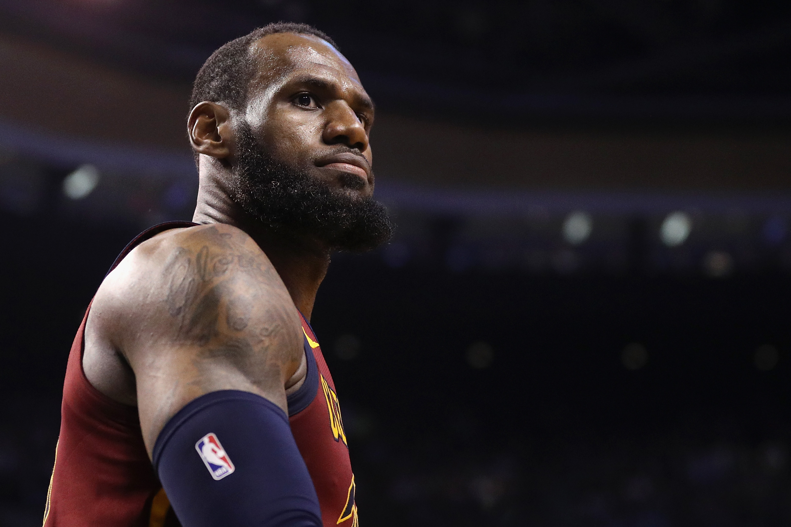 BOSTON, MA - MAY 15: LeBron James #23 of the Cleveland Cavaliers reacts in the second half against the Boston Celtics during Game Two of the 2018 NBA Eastern Conference Finals at TD Garden on May 15, 2018 in Boston, Massachusetts. NOTE TO USER: User expressly acknowledges and agrees that, by downloading and or using this photograph, User is consenting to the terms and conditions of the Getty Images License Agreement. (Photo by Maddie Meyer/Getty Images)