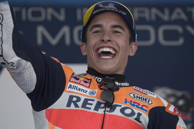 JEREZ DE LA FRONTERA, SPAIN - MAY 06:  Marc Marquez of Spain and Repsol Honda Team  celebrates the MotoGP victory on the podium at the end of the MotoGp race during the MotoGp of Spain - Race at Circuito de Jerez on May 6, 2018 in Jerez de la Frontera, Spain.  (Photo by Mirco Lazzari gp/Getty Images)