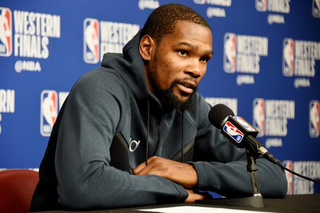 HOUSTON, TX - MAY 14:  Kevin Durant #35 of the Golden State Warriors  speaks with the media following Game One of the Western Conference Finals of the 2018 NBA Playoffs against the Houston Rockets on May 14, 2018 at the Toyota Center in Houston, Texas. NOTE TO USER: User expressly acknowledges and agrees that, by downloading and or using this photograph, User is consenting to the terms and conditions of the Getty Images License Agreement. Mandatory Copyright Notice: Copyright 2018 NBAE (Photo by Andrew D. Bernstein/NBAE via Getty Images)