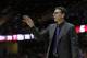 New Jersey Nets coach Kiki Vandeweghe calls to his team during an NBA basketball game against the Cleveland Cavaliers Tuesday, Dec. 15, 2009, in Cleveland. (AP Photo/Mark Duncan)