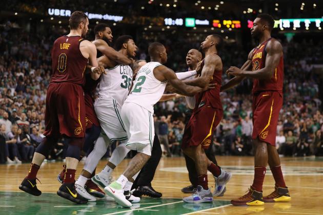 BOSTON, MA - MAY 15: Marcus Smart #36 of the Boston Celtics and JR Smith #5 of the Cleveland Cavaliers get into an altercation in the second half during Game Two of the 2018 NBA Eastern Conference Finals at TD Garden on May 15, 2018 in Boston, Massachusetts. NOTE TO USER: User expressly acknowledges and agrees that, by downloading and or using this photograph, User is consenting to the terms and conditions of the Getty Images License Agreement. (Photo by Maddie Meyer/Getty Images)