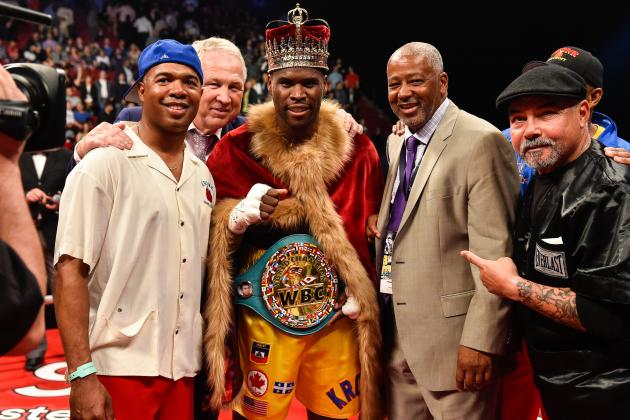 MONTREAL, QC - JUNE 03:  Adonis Stevenson poses for photos with his trainer SugarHill Steward (left) and Sam Watson (right) during the WBC light heavyweight world championship match  at the Bell Centre on June 3, 2017 in Montreal, Quebec, Canada.  Adonis Stevenson defeated Andrzej Fonfara in the second round by way of technical knockout. (Photo by Minas Panagiotakis/Getty Images)