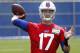 Buffalo Bills rookie quarterback Josh Allen throws a pas during the team's NFL football rookie minicamp, Friday, May 11, 2018, in Orchard Park, N.Y. (AP Photo/Jeffrey T. Barnes)