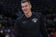 New York Knicks forward Kristaps Porzingis (6) in the first half of an NBA basketball game Thursday, Jan. 25, 2018, in Denver. (AP Photo/David Zalubowski)