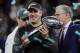 Philadelphia Eagles head coach Doug Pederson holds up the Vincent Lombardi trophy after winning the NFL Super Bowl 52 football game against the New England Patriots, Sunday, Feb. 4, 2018, in Minneapolis. The Eagles won 41-33. (AP Photo/Tony Gutierrez)