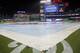 The scoreboard at Nationals Park announces that the interleague baseball game between the New York Yankees and Washington Nationals was suspended due to a severe storm that affected much of the Northeast, Tuesday, May 15, 2018, in Washington. The two teams will resume play tomorrow as part of a double-header. (AP Photo/Pablo Martinez Monsivais)