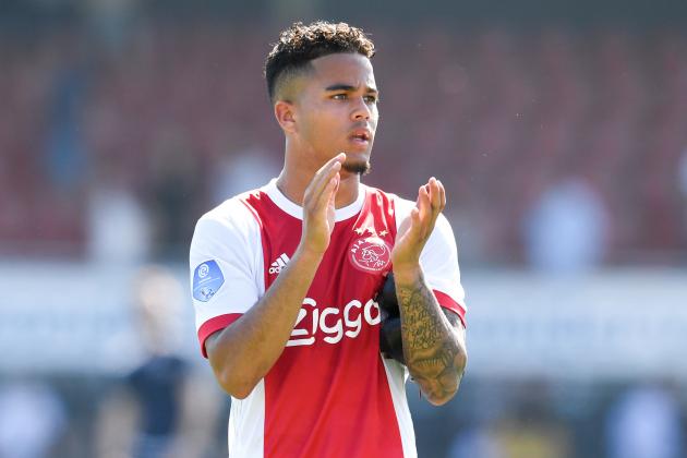 ROTTERDAM, NETHERLANDS - MAY 6: (L-R) Justin Kluivert of Ajax celebrate the victory during the Dutch Eredivisie  match between Excelsior v Ajax at the Van Donge & De Roo Stadium on May 6, 2018 in Rotterdam Netherlands (Photo by Angelo Blankespoor/Soccrates/Getty Images)
