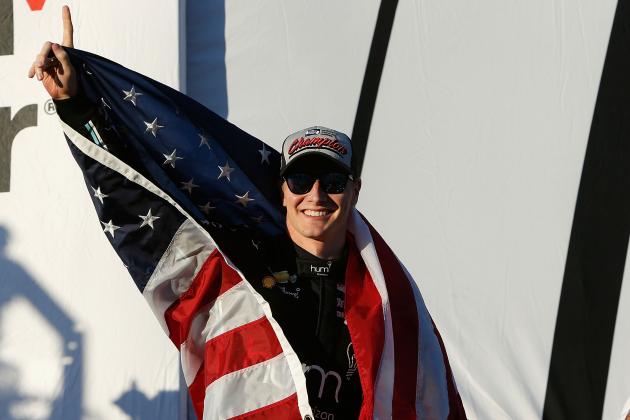 SONOMA, CA - SEPTEMBER 17: Josef Newgarden of the United States driver of the #2 hum by Verizon Chevrolet celebrates on stage after winning the 2017 Verizon IndyCar series on day 3 of the GoPro Grand Prix of Sonoma at Sonoma Raceway on September 17, 2017 in Sonoma, California.  (Photo by Lachlan Cunningham/Getty Images)