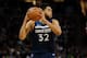 MINNEAPOLIS, MN - APRIL 23: Karl-Anthony Towns #32 of the Minnesota Timberwolves has the ball against the Houston Rockets in Game Four of Round One of the 2018 NBA Playoffs on April 23, 2018 at the Target Center in Minneapolis, Minnesota. The Rockets defeated the Timberwolves 119-100. NOTE TO USER: User expressly acknowledges and agrees that, by downloading and or using this Photograph, user is consenting to the terms and conditions of the Getty Images License Agreement. (Photo by Hannah Foslien/Getty Images)