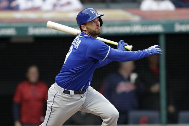 Kansas City Royals' Drew Butera watches his ball after hitting against the Cleveland Indians in the seventh inning of a home opener baseball game, Friday, April 6, 2018, in Cleveland. (AP Photo/Tony Dejak)