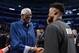 LOS ANGELES, CA - FEBRUARY 18: Bill Russell (L) greets Jimmy Butler at the NBA All-Star Game 2018 at Staples Center on February 18, 2018 in Los Angeles, California. (Photo by Kevork Djansezian/Getty Images)