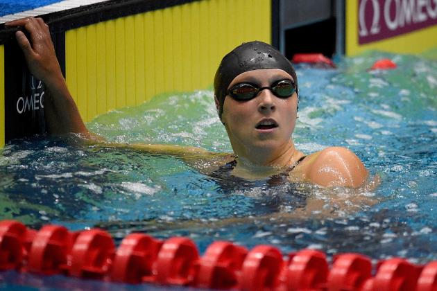 INDIANAPOLIS, IN - MAY 17:  Katie Ledecky reacts after winning the women's 400 meter freestyle final during the TYR Pro Swim Series at Indiana University Natatorium on May 17, 2018 in Indianapolis, Indiana.  (Photo by Bobby Ellis/Getty Images)
