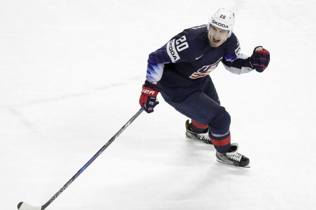 Chris Kreider of the United States shouts celebrating defeating Canada 2-1 in the Ice Hockey World Championships bronze medal match between Canada and the United States at the Royal arena in Copenhagen, Denmark, Sunday, May 20, 2018. (AP Photo/Petr David Josek)