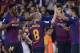 (L-R) Barcelona's Colombian defender Yerry Mina, Barcelona's Spanish midfielder Andres Iniesta, Barcelona's Spanish defender Gerard Pique and Barcelona's Uruguayan forward Luis Suarez celebrate a goal during the Spanish league football match between FC Barcelona and Real Sociedad at the Camp Nou stadium in Barcelona on May 20, 2018. (Photo by Josep LAGO / AFP) (Photo credit should read JOSEP LAGO/AFP/Getty Images)