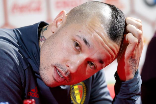 Belgium's Radja Nainggolan speaks during a press conference after a training session of Belgian national soccer team Red Devils on March 20, 2017, at the Belgian Football Center in Tubize. 
On March 25, Belgium play a game against Greece in the qualification for the 2018 World Cup in Russia.  / AFP PHOTO / Belga / BRUNO FAHY / Belgium OUT        (Photo credit should read BRUNO FAHY/AFP/Getty Images)