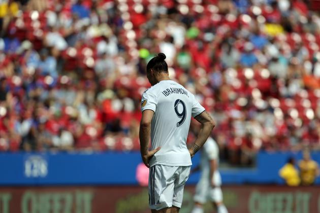 FRISCO, TEXAS - MAY 12: Zlatan Ibrahimovic of LA Galaxy reacts during the Major Soccer League match between Dallas FC and LA Galaxy at Toyota Stadium on May 12, 2018 in Frisco, Texas.  (Photo by Omar Vega/Getty Images)