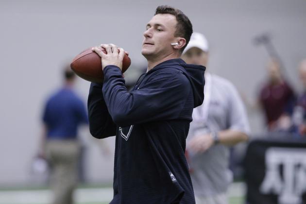 Former Cleveland Browns quarterback Johnny Manziel during drills at his alma mater during Texas A&M's football Pro Day in College Station, Texas, Tuesday, March 27, 2018. (AP Photo/Michael Wyke)
