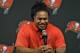 Tampa Bay Buccaneers NFL football first-round draft pick Vita Vea smiles as he meets the media during a news conference Friday, April 27, 2018, in Tampa, Fla. Vea, a defensive lineman, played his college football at Washington. (AP Photo/Chris O'Meara)