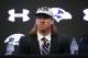 Tight end Hayden Hurst, one of the Baltimore Ravens' first-round draft picks, listens to a reporter's question during an NFL football news conference at the team's headquarters in Owings Mills, Md., Friday, April 27, 2018. (AP Photo/Patrick Semansky)