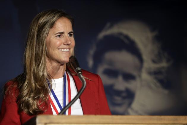 Brandi Chastain speaks during an induction ceremony for the National Soccer Hall of Fame on Friday, March 24, 2017, in San Jose, Calif. (AP Photo/Marcio Jose Sanchez)