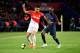 PARIS, FRANCE - APRIL 15: Radamel Falcao of AS Monaco and Lassana Diarra of Paris Saint-Germain fight for the ball during the Ligue 1 match between Paris Saint Germain and AS Monaco at Parc des Princes on April 15, 2018 in Paris, France. (Photo by Aurelien Meunier/Getty Images)