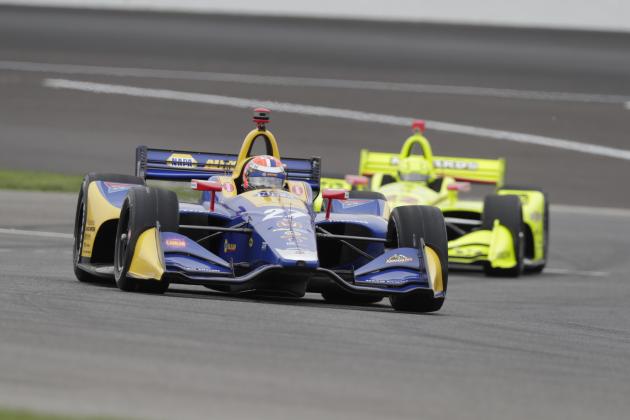 Alexander Rossi drives through a turn during the warm up session for the IndyCar Grand Prix auto race at Indianapolis Motor Speedway, in Indianapolis Saturday, May 12, 2018. (AP Photo/Michael Conroy)