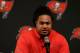 Tampa Bay Buccaneers first-round draft pick Vita Vea meets the media during a news conference Friday, April 27, 2018, in Tampa, Fla. Vea, a defensive lineman, played his college football at Washington. (AP Photo/Chris O'Meara)