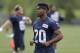 Seattle Seahawks running back Rashaad Penny stands on the field Friday, May 4, 2018, during NFL football rookie camp in Renton, Wash. (AP Photo/Ted S. Warren)